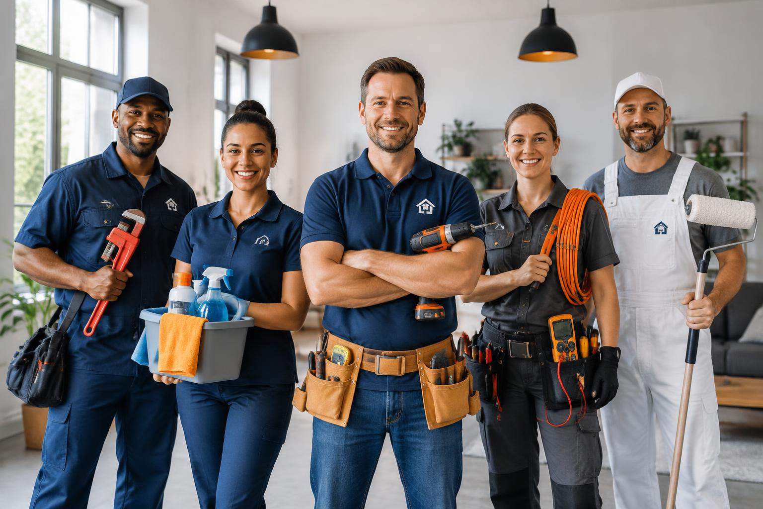 Plumber, cleaner, carpenter, electrician and painter ready for work